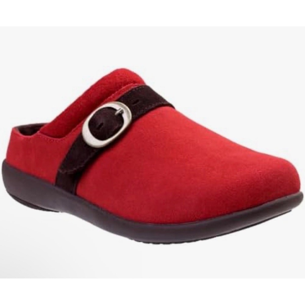 Spenco Womens 6.5 Med Red Suede Orthotic Clogs Mules Buckle Strap Comfort Shoes